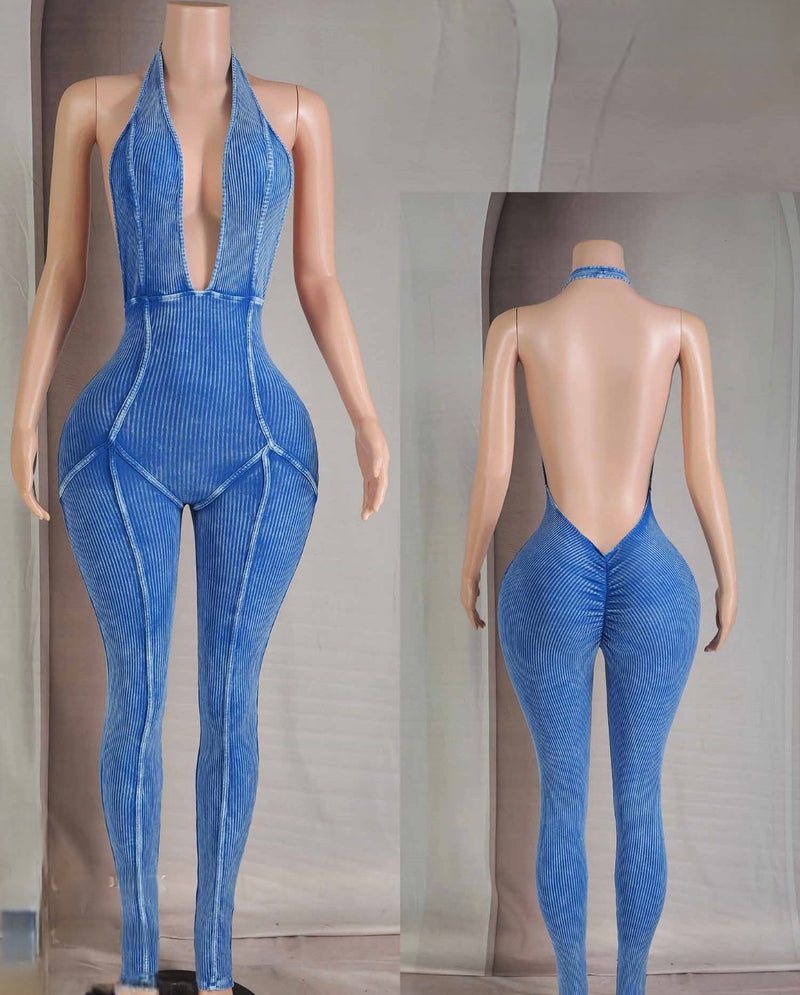 Blue Ribbed Backless Halter Jumpsuit – Sexy Deep V One-Piece Outfit