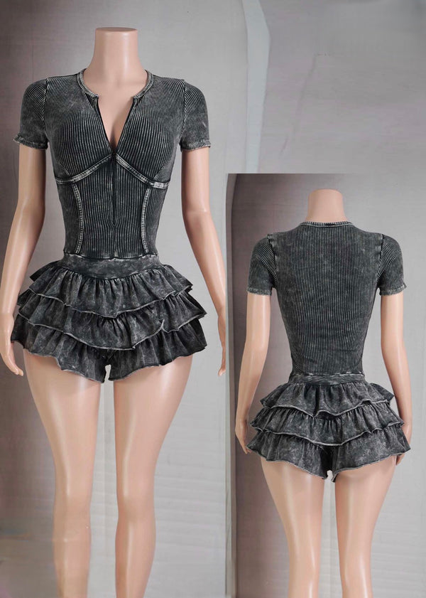 Black Ribbed Ruffle Skirt Romper – Sexy Fitted One-Piece Outfit