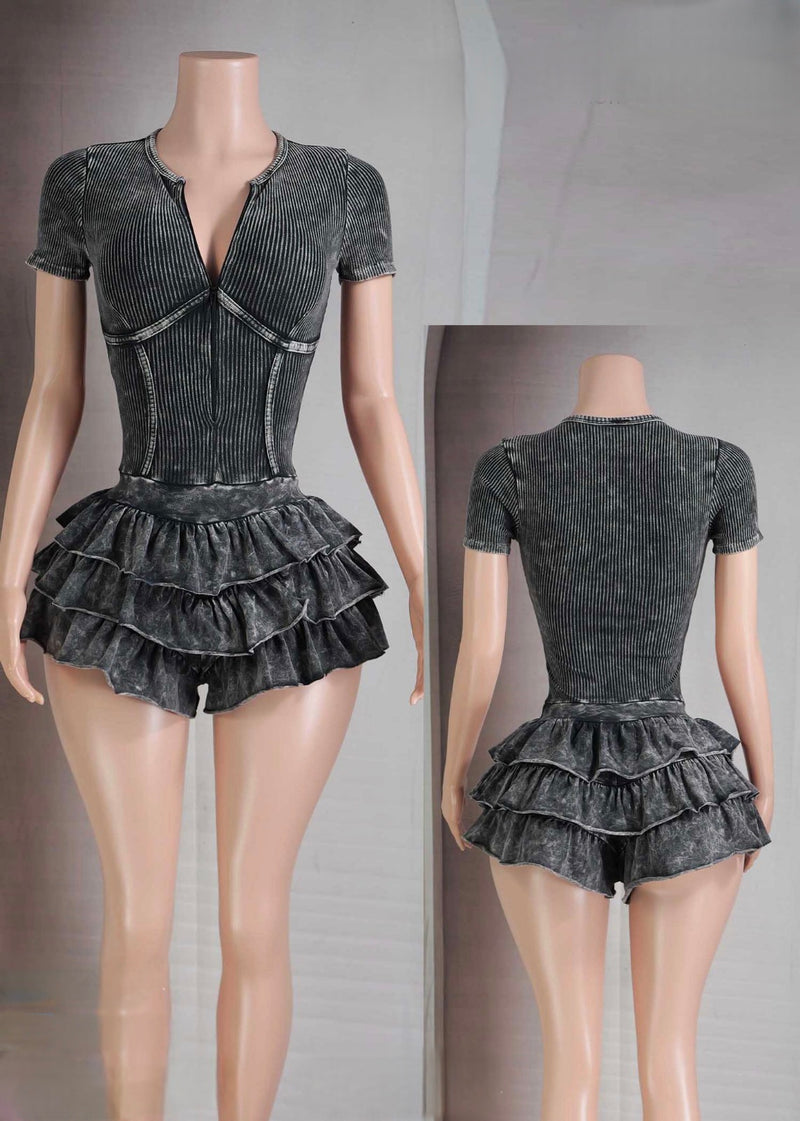 Black Ribbed Ruffle Skirt Romper – Sexy Fitted One-Piece Outfit