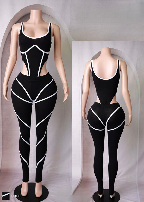 Black Cutout Bodycon Jumpsuit with White Contrast Trim – Sexy One-Piece Outfit