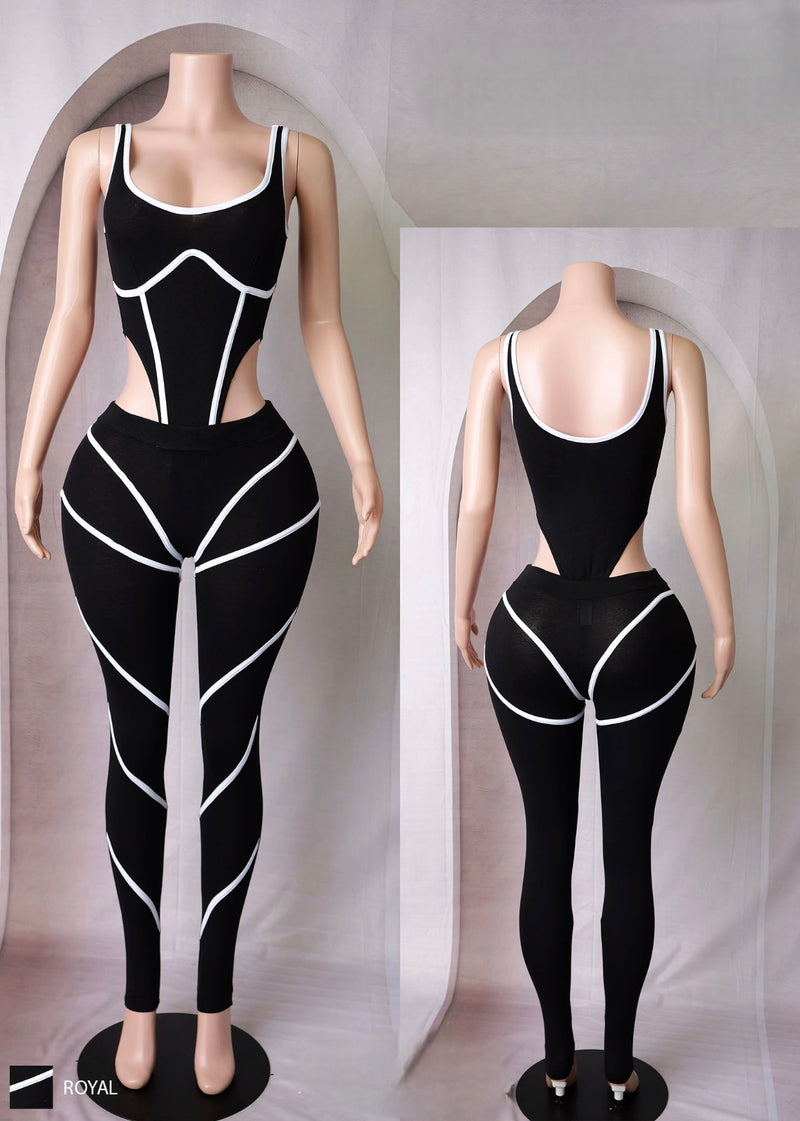 Black Cutout Bodycon Jumpsuit with White Contrast Trim – Sexy One-Piece Outfit