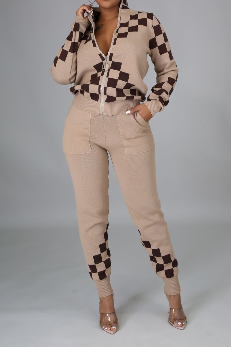 Checkered Zip Up Jacket & Pants Set