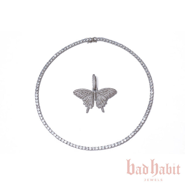 Silver Butterfly Tennis Necklace Set